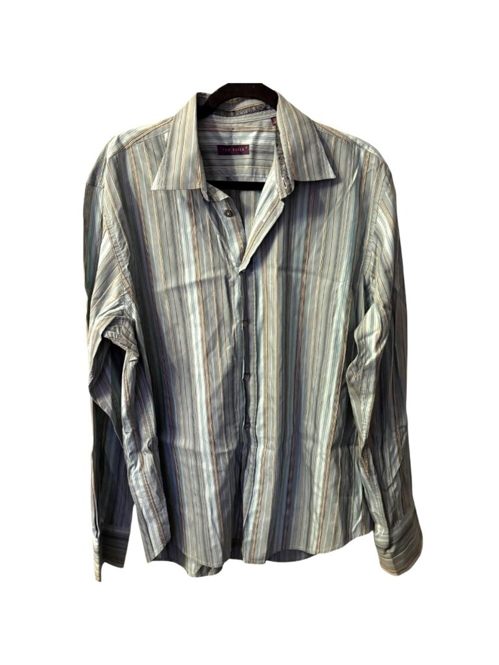 Ted Baker Jacquard Stripe Print Button Down Shirt 6 XXL Office Preppy Blue Beige